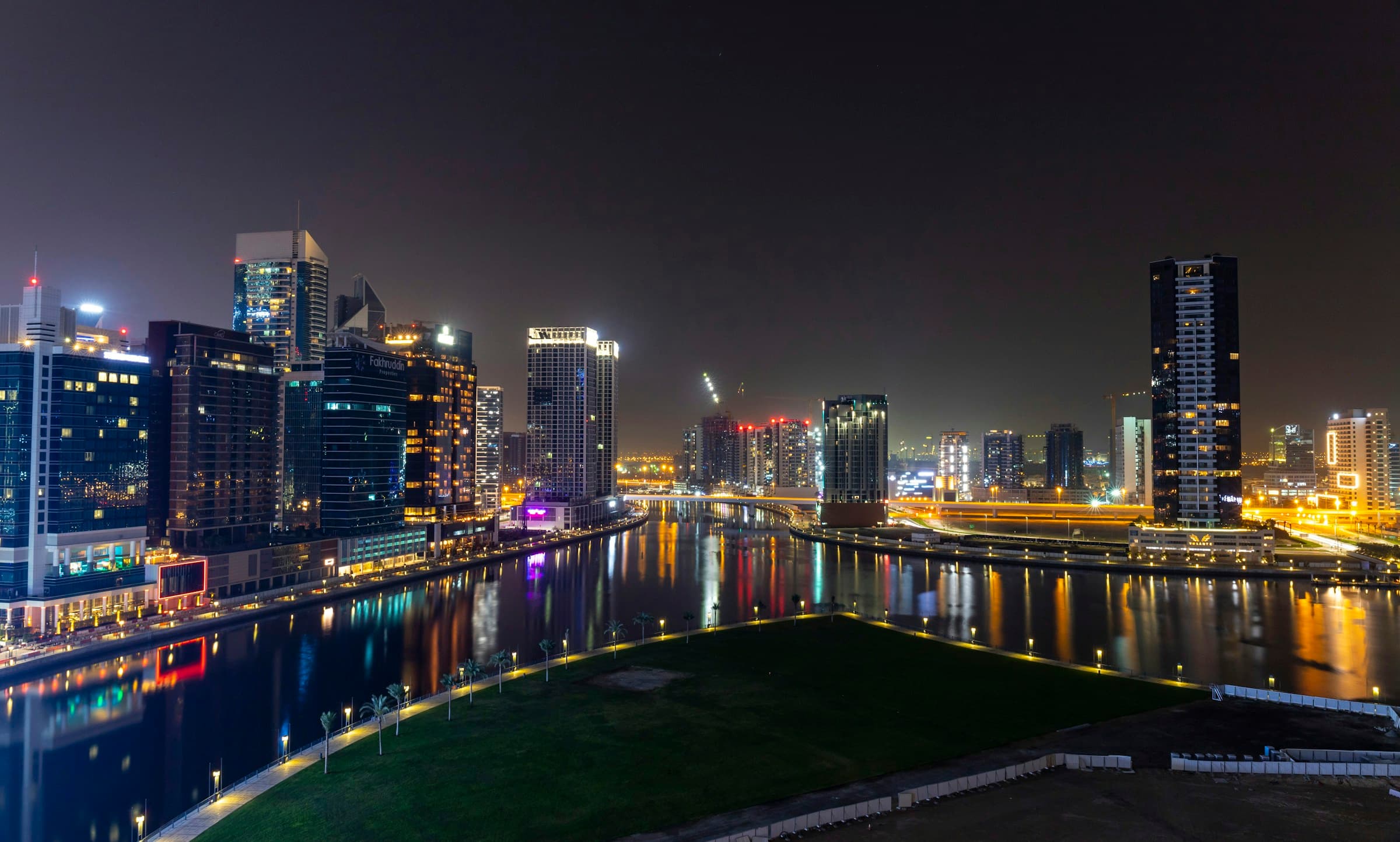 Dubai Business Bay illuminated at night
